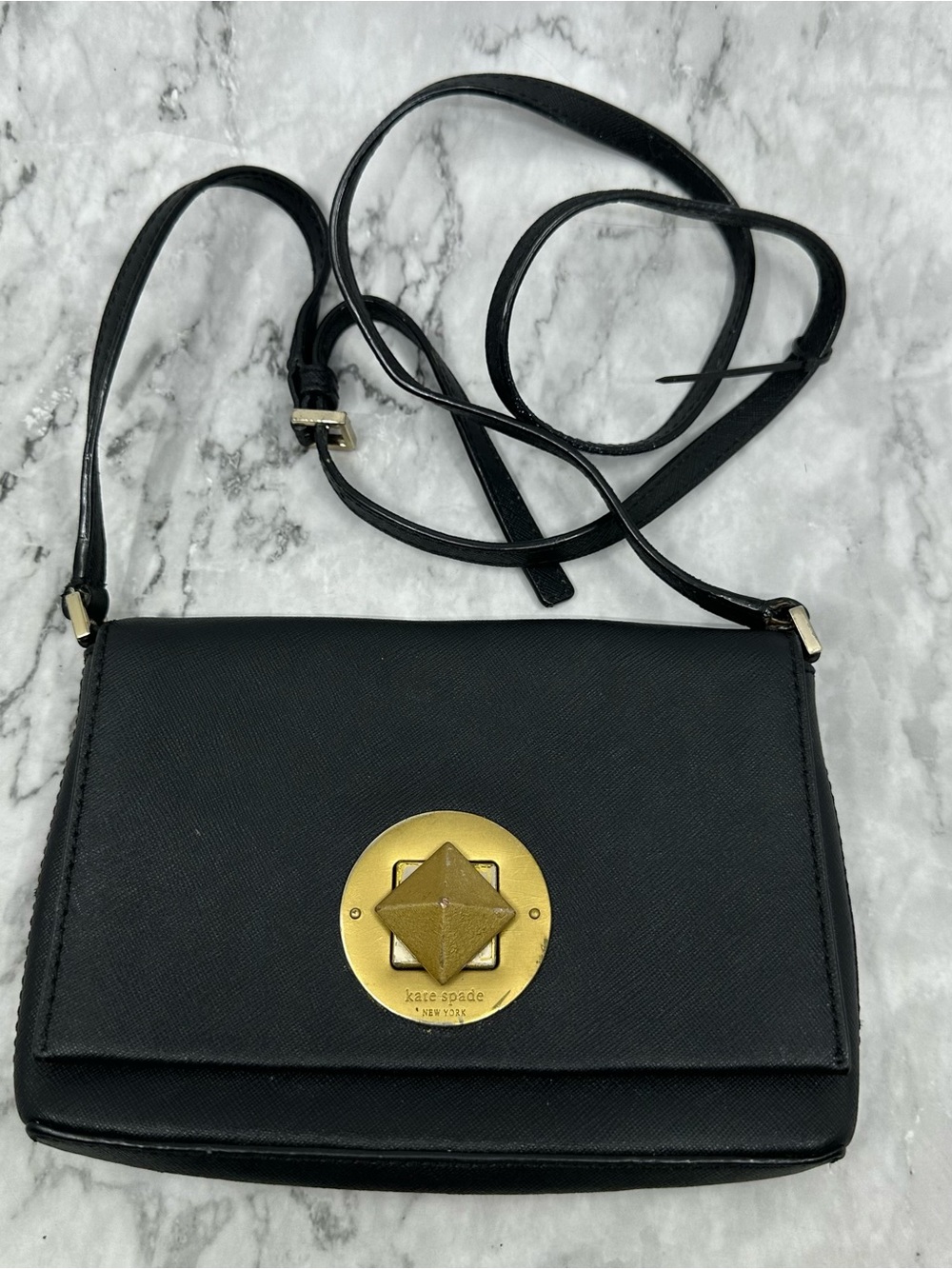 kate spade Black Leather Crossbody with Gold Medallion